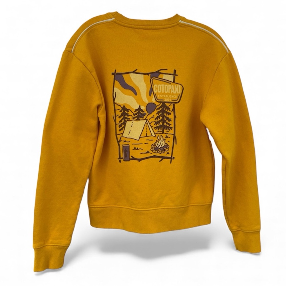 Cotopaxi Crewneck Sweatshirt with Camp Graphic, mustard yellow, size S